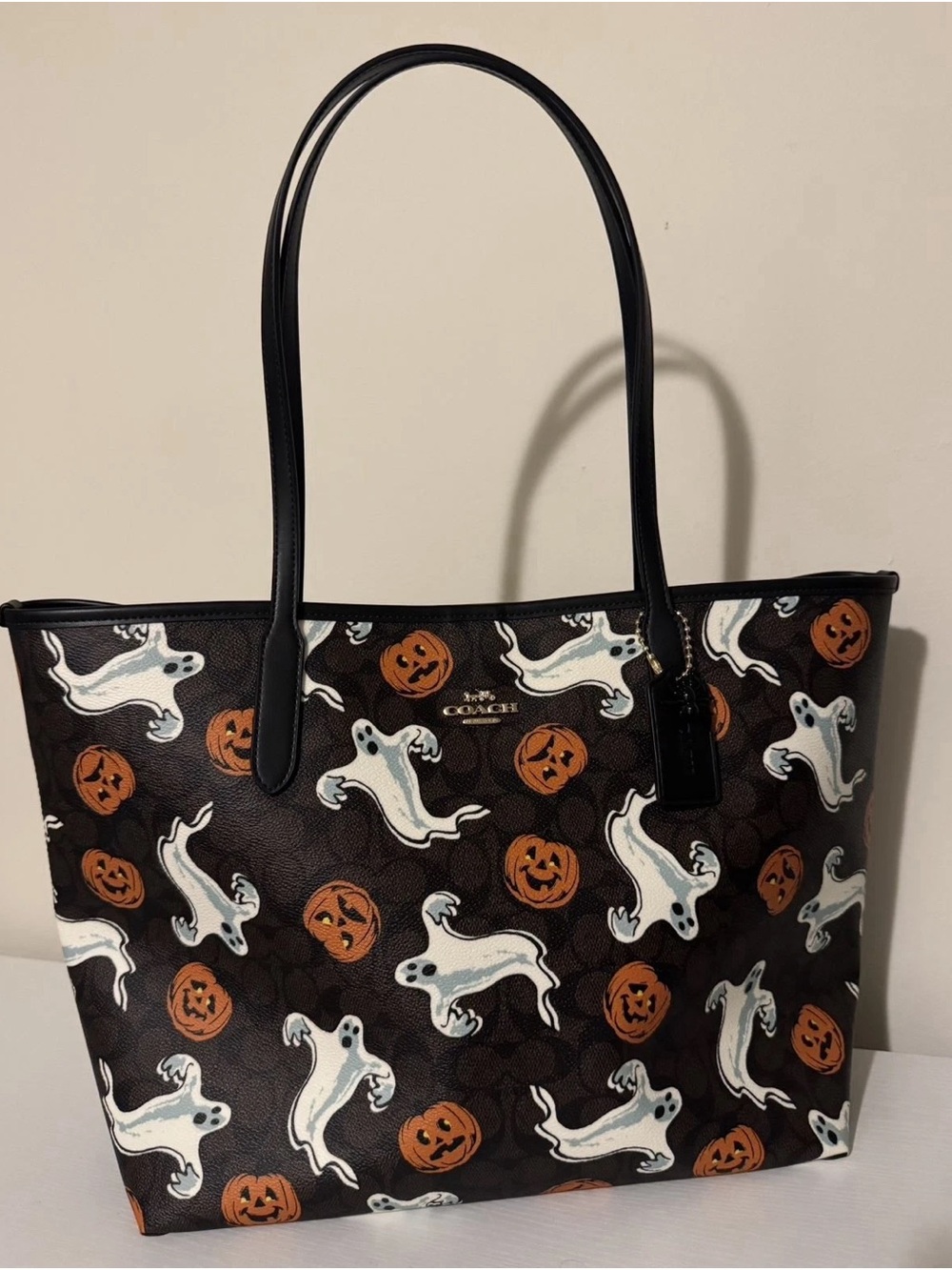 Halloween Ghost & Pumpkin Tote Bag in Black and White - Picture 3 of 4